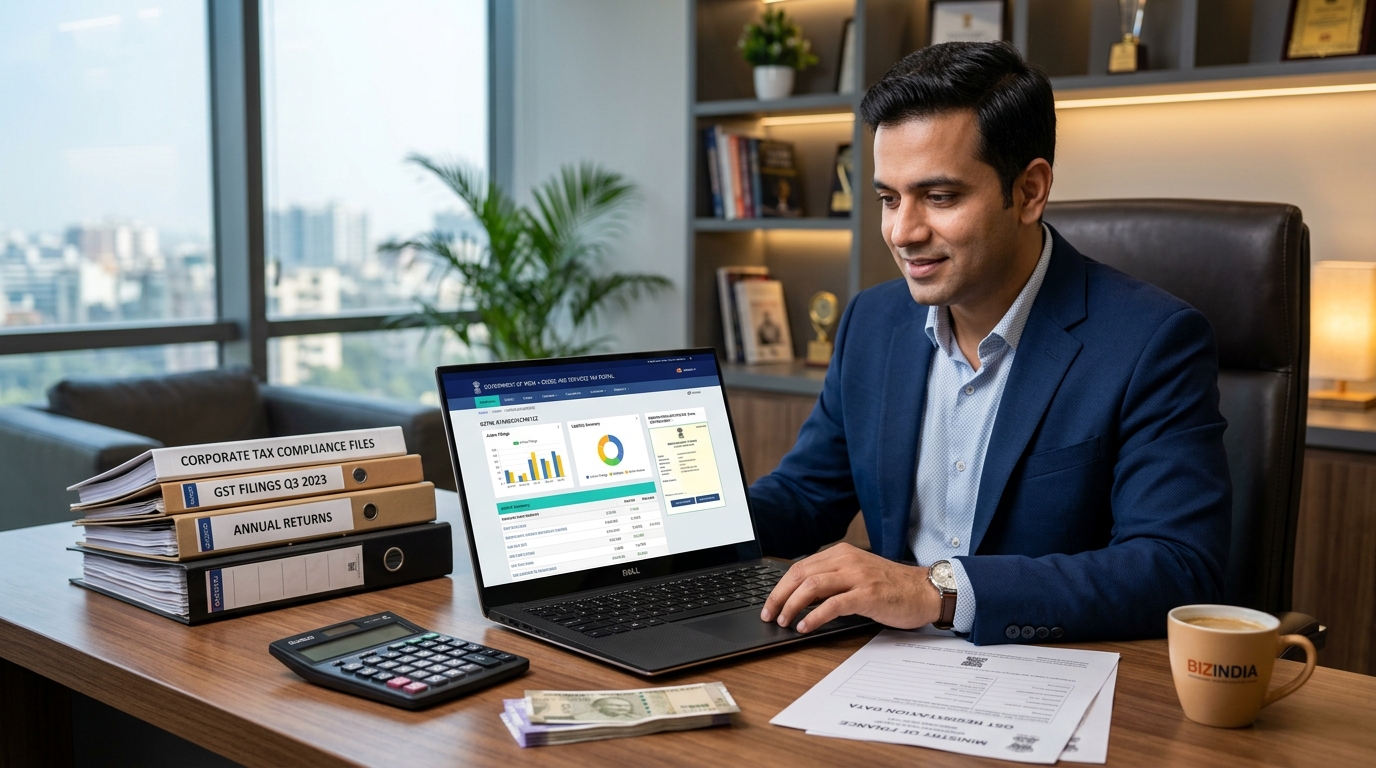 Indian entrepreneur completing GST registration online with GSTIN certificate and portal