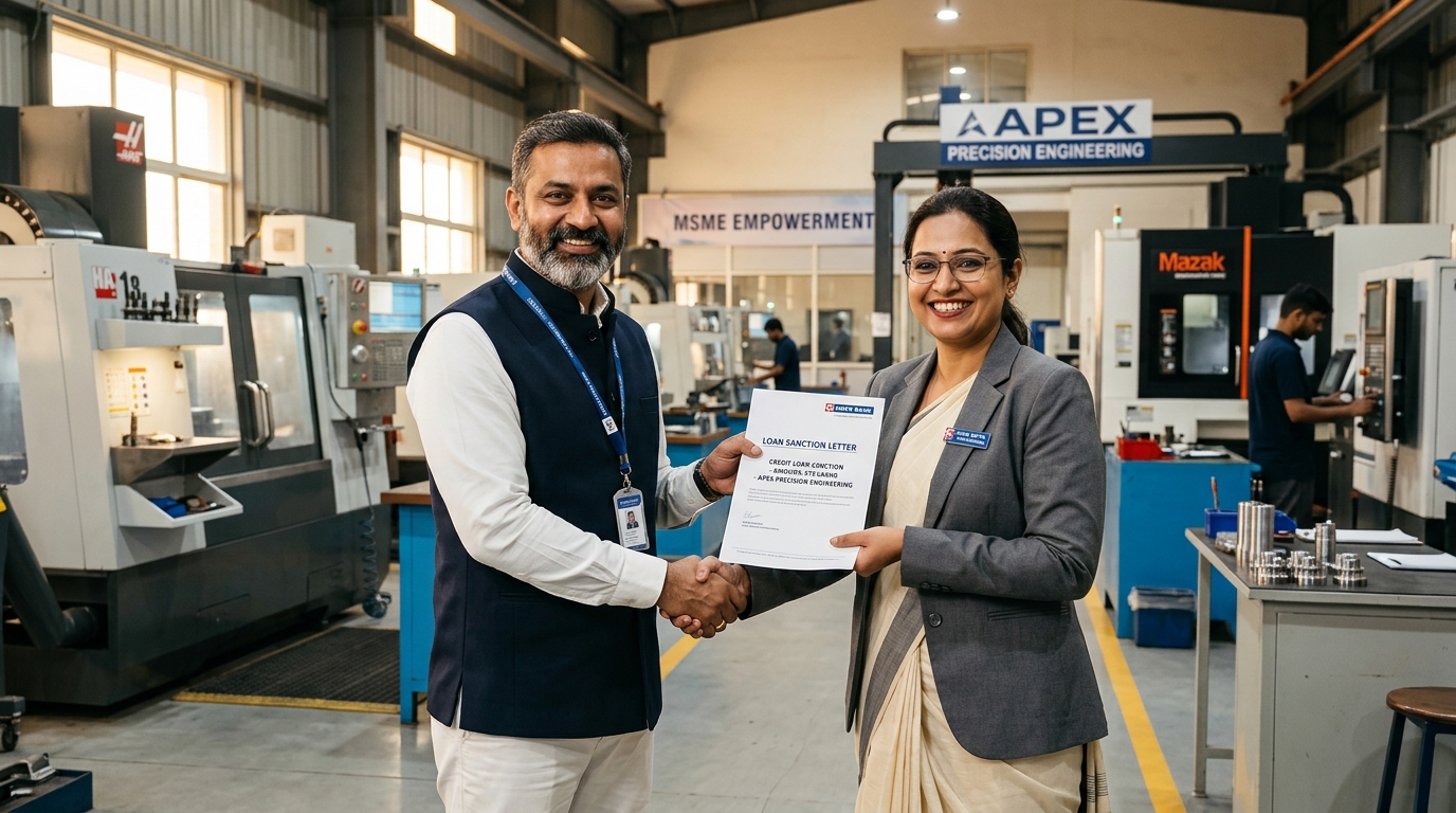 Indian MSME entrepreneur receiving bank sanction letter for collateral free CGTMSE loan